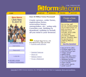 Formsite 20 years 2003 homepage